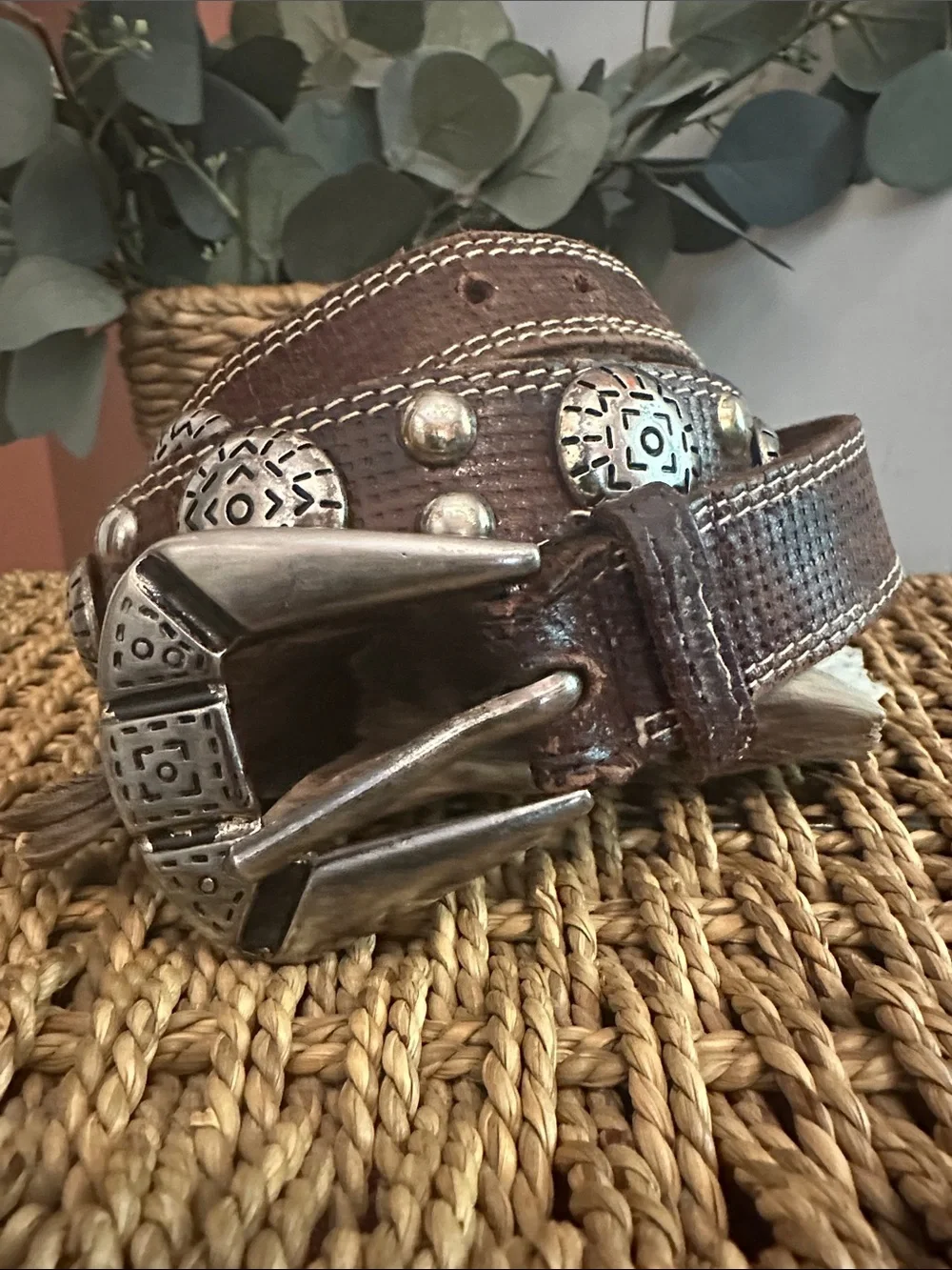Vintage La Doppia Vita brown leather silver medallion 37/95 western belt
